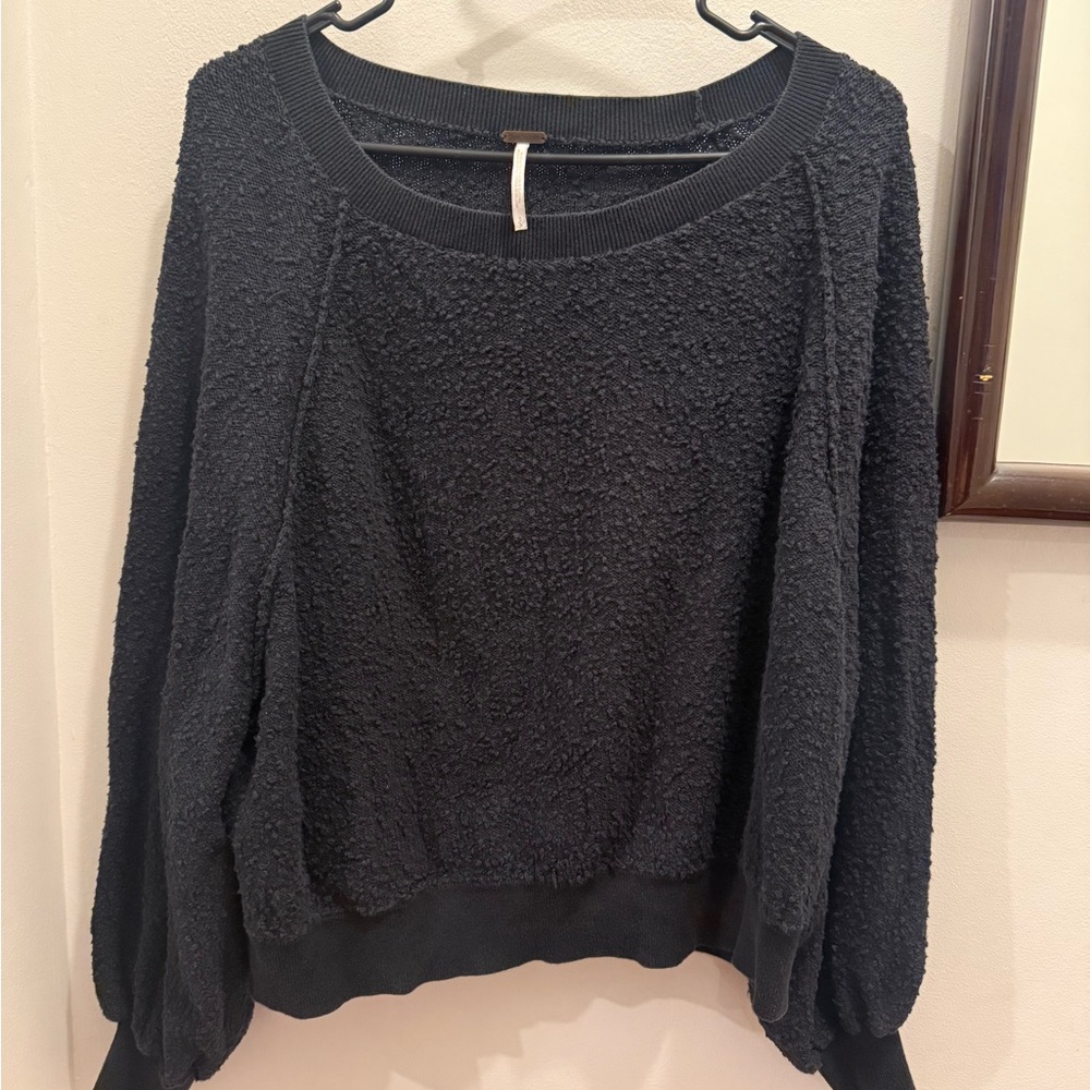 Free People Found My Friend Sweatshirt Black Textured Balloon Sleeve Small - Picture 2 of 7